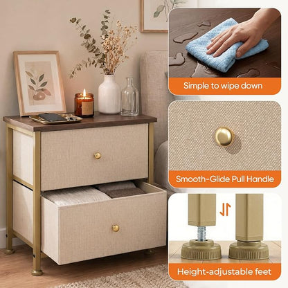 Sweetcrispy Nightstand Set of 2 with 2 Storage Drawers, Small Bedside Table | 20" Height Furniture End Table, Wooden Top Fabric Cabinet for Bedroom, Closet, Entryway, Khaki 2Pack