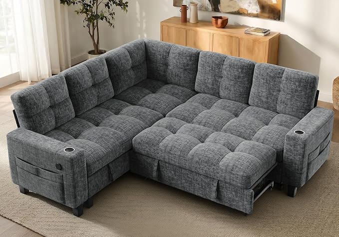 AMADA HOMEFURNISHING 85″ Modular Sectional Sleeper Sofa with Pull Out Couch, U Shaped 5 Seat Sectional Sofa with Storage, USB Ports & Cup Holders, Chenille Cloud Couches for Living Room, Light Gray