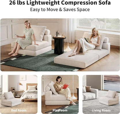 Folding Sofa Bed, 3-in-1 Convertible Sleeper Chair Bed with Pillows, Foldable Floor Couch with High-Density Foam, Futon Small Boneless Couch for Living Room Bedroom Lounge, Single, White