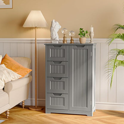 Gizoon Small Pantry with Door and Shelves, 33'' Kitchen Pantry Cabinet Freestanding Wooden Bathroom Storage Cabinet with 4 Drawers for Kitchen and Dining Room, Gray, Painted