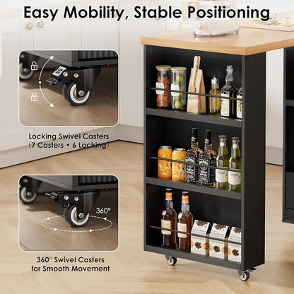 66'' Rolling Kitchen Island with 360° Swivel Tabletop Mobile Kitchen Island with Power Outlet Rotating Kitchen Islands with Storage Cabinets Wood Kitchen Island Table for Kitchen, Bar, Dining Room