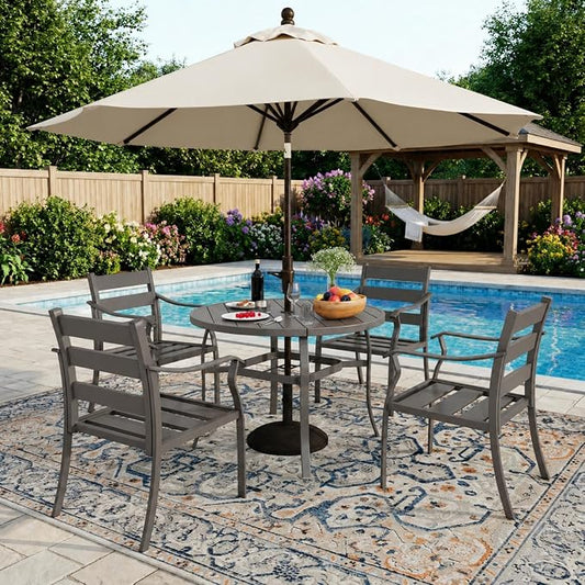 EROMMY 5-Piece Round Outdoor Patio Dining Set, 4 Metal Slat Chairs & Round Table with Umbrella Hole, All-Weather Outdoor Furniture for Backyard, Garden and Poolside