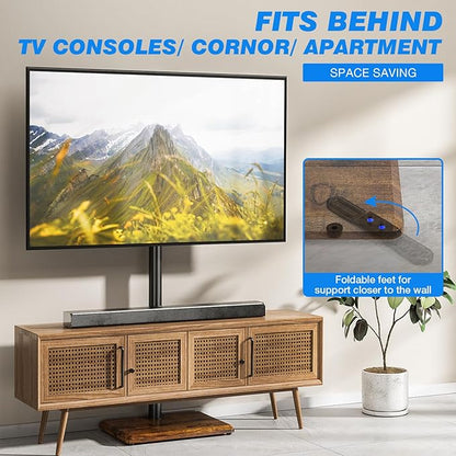 Rfiver Swivel Floor TV Stand with Mount for 32-65 inch TVs up to 88 lbs, Height Adjustable Tall TV Stand with Wood Base, Saving Space Design for Bedroom, Living Room and Corner,Rustic Brown