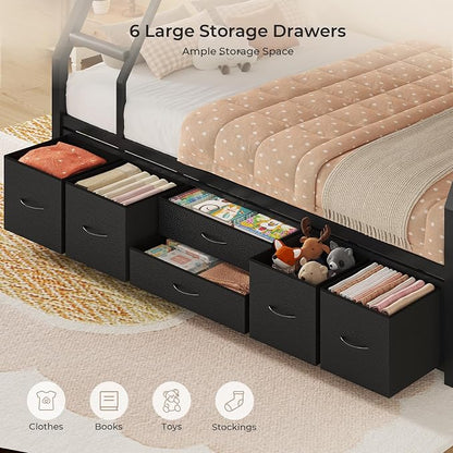 BTHFST Twin Over Full Bunk Bed with Trundle & 6 Storage Drawers, Bunk Bed with LED Lights, Heavy Duty Metal Bunkbeds with Ladder and Full-Length Guardrail, Space Saving, Black