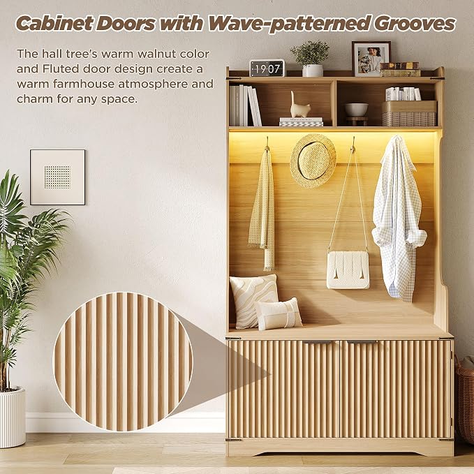 Maupvit 67" Tall Modern Boho Hall Tree with Bench and Shoe Storage, Entryway Fluted Hall Tree, Mudroom Bench with Flip Drawers, 4 Hooks, Adjustable LED Light for Garage, Living Room, Oak