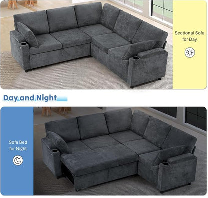 85" Chenille Sectional Sofa w/Pull Out Bed & Storage Space, Grey | Upholstery L Shaped Couch w/Cup Holders, Modern Corner Sofa w/USB Charging Port & Throw Pillow for Living Room