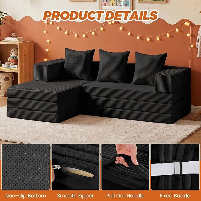 6-in-1 Boneless Couches Modular Sectional Sofa | Cloud Couch Sectional & Tri-Folding Mattress | Corduroy Pet-Friendly Convertible Sofa Bed with 800LB Capacity Living Room, Apartment, Guest Room