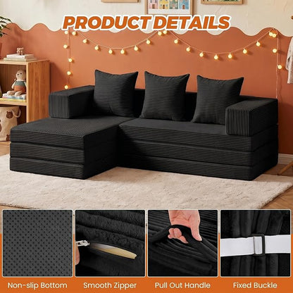 6-in-1 Boneless Couches Modular Sectional Sofa | Cloud Couch Sectional & Tri-Folding Mattress | Corduroy Pet-Friendly Convertible Sofa Bed with 800LB Capacity Living Room, Apartment, Guest Room