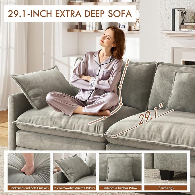 WorthFurni 114” Oversized Modular Sectional Sofa, 7-Seater V Shaped Cloud Couch Set, Comfy Chenille Deep Seat Couches with 2 Movable Ottomans, DIY Combination for Living Room (Gray)