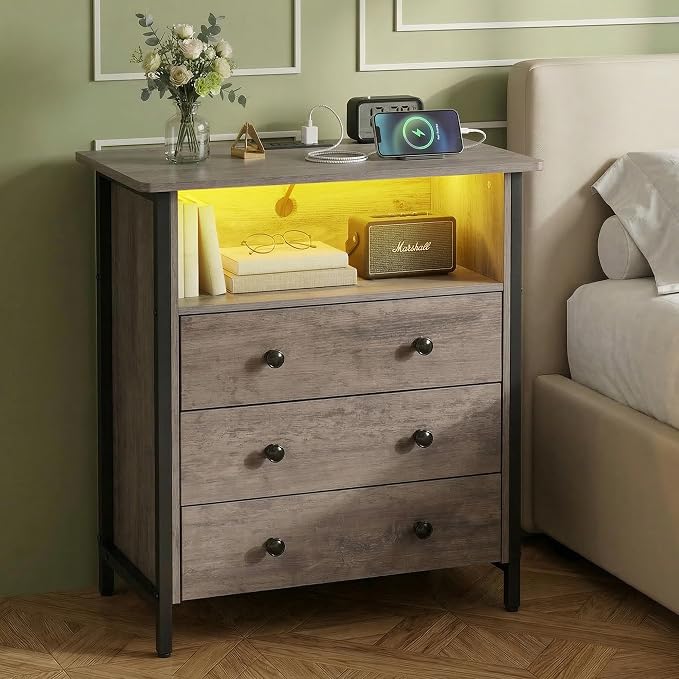 27 Inch LED Nightstand with Charging Station & 3 Drawers, Gray | Solid Wood and Steel Frame, 2 AC Outlets, 2 USB Ports, RGB App Control, Open Storage, Adjustable Feet, for Bedroom or Office