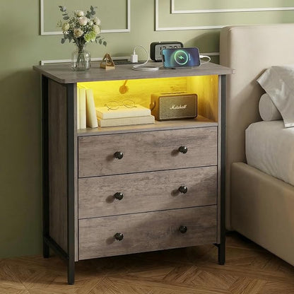 27 Inch LED Nightstand with Charging Station & 3 Drawers, Gray | Solid Wood and Steel Frame, 2 AC Outlets, 2 USB Ports, RGB App Control, Open Storage, Adjustable Feet, for Bedroom or Office