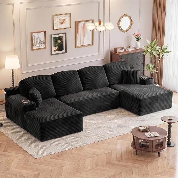 Homall 142" Boneless Couch, Modular Sectional Sofa, No Assembly Required, Memory Foam Filling, Corduroy U-Shaped Sofa, Movable Multi-Person Couch for Living Room (Black)