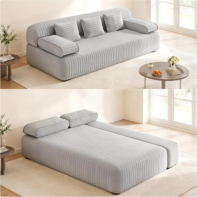 Convertible Sofa Bed, 78.7" Frameless Floor Sofa-in-a-Box, Corduroy Boneless Couch for Small Space Apartments, Queen Sleeper Sofa for Everyday Use, 3 Pillows Included, No Assembly (Light Grey)