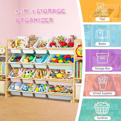 Kids Toy Storage Organizer with Bookshelf – Wooden Shelf with 16 Bins & 6 Shelves, Quick Assembly Storage Rack for Playroom, Bedroom, Nursery – Colorful
