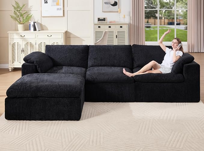 Jocisland 120" Cloud Modular Sectional Sofa, No-Assembly Oversized Chenille Couch with 76.4" Extra-Deep Chaise, Modern Black Cloud Couch for Living Room