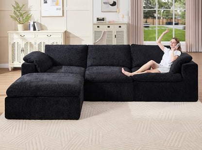 Jocisland 120" Cloud Modular Sectional Sofa, No-Assembly Oversized Chenille Couch with 76.4" Extra-Deep Chaise, Modern Black Cloud Couch for Living Room