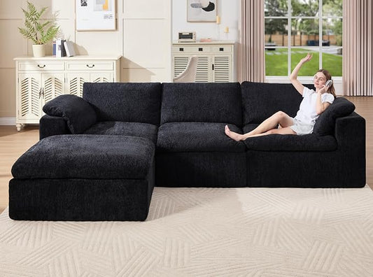 Jocisland 120" Cloud Modular Sectional Sofa, No-Assembly Oversized Chenille Couch with 76.4" Extra-Deep Chaise, Modern Black Cloud Couch for Living Room