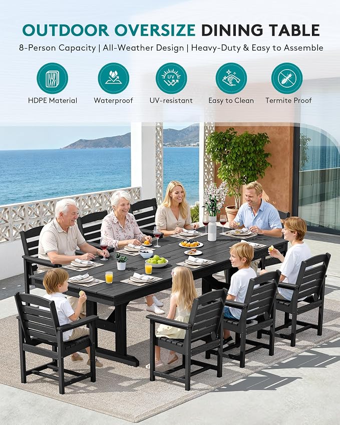 SERWALL 10 Piece 84" HDPE Outdoor Dining Set for 8 with 15ft Double-Sided Umbrella, Black