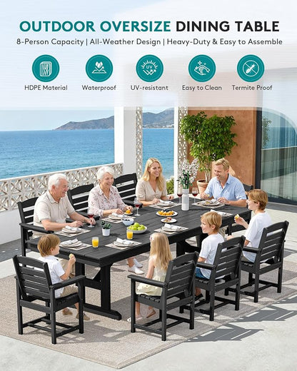 SERWALL 10 Piece 84" HDPE Outdoor Dining Set for 8 with 15ft Double-Sided Umbrella, Black