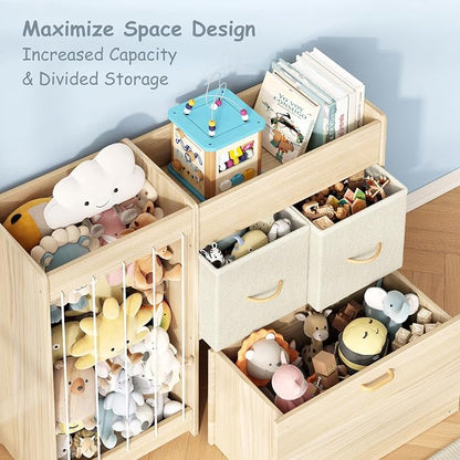EXPERLAM Toy Storage Organizer with Stuffed Animal Holder, Solid Wood Kids Toy Shelf with 2 Drawers, Rolling Toy Chest and Top Rack, Plush Toy Storage for Bedroom, Playroom, Nursery