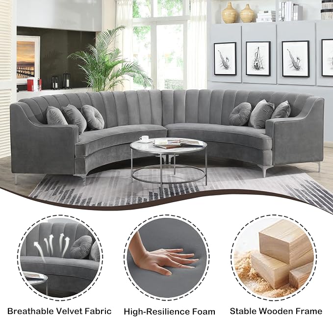 Legend Vansen Semicircle Modular Curved Velvet Sectional Sofa,141.34”Oversized Arc Sofa,Modern Cloud-Like Deep Seat Couch for Living Room Apartment Office Conference Space (2, Grey)