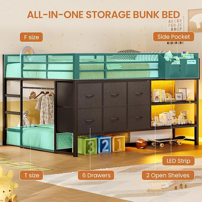 Full Over Twin Bunk Bed with 6 Drawers, Metal Frame Bunk Bed with LED Lights, Convertible Storage Bunk Bed with Extra-High Guardrails & Non-Slip Ladder, 2-Way Installation,for Teens, Black