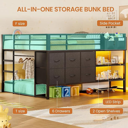Full Over Twin Bunk Bed with 6 Drawers, Metal Frame Bunk Bed with LED Lights, Convertible Storage Bunk Bed with Extra-High Guardrails & Non-Slip Ladder, 2-Way Installation,for Teens, Black