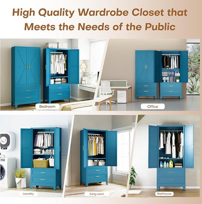 71" H Armoire Wardrobe Closet with 2 Drawers, Metal Wardrobe Closet with Doors and Adjustable Shelves, Wardrobe Cabinet with Hanging Rod, Closets for Bedroom, Laundry Room, Blue