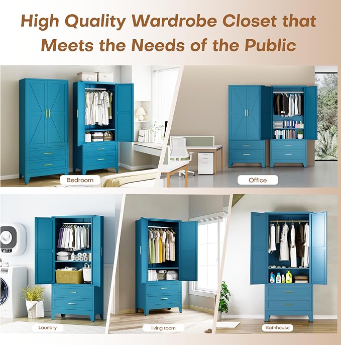 Metal Armoire Wardrobe Closet with Drawers, 71" Wardrobe Cabinet with Adjustable Shelves and Hanging Rod for Bedroom, Blue Metal Closet Storage Cabinet with 2 Doors & 2 Drawers
