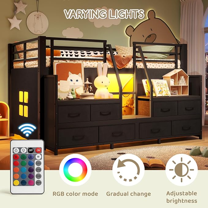 Bellemave Twin Size Loft Bed with 8 Non-Woven Fabric Storage Drawers and Bookshelf, Low Loft Bed with Lights and Private Play Curtain, Twin Loft Beds with High Rails, Noise Reduced Black