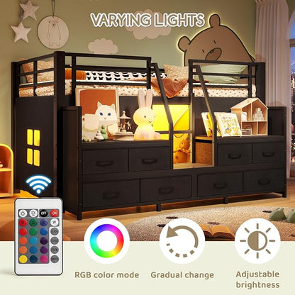 Bellemave Twin Size Loft Bed with 8 Non-Woven Fabric Storage Drawers and Bookshelf, Low Loft Bed with Lights and Private Play Curtain, Twin Loft Beds with High Rails, Noise Reduced Black