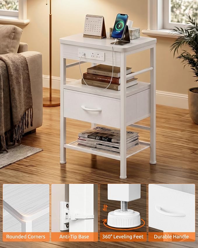 Lazzanto Nightstands Set of 2 with Charger Station, White Night Stand | Open Shelf | Hooks | USB-C USB-A Ports AC Outlets | Fabric Drawer | Bedroom | Living Room | Dorm