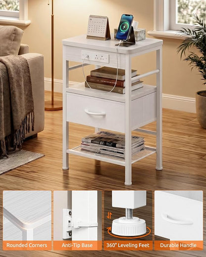 Lazzanto Nightstands Set of 2 with Charger Station, White Night Stand | Open Shelf | Hooks | USB-C USB-A Ports AC Outlets | Fabric Drawer | Bedroom | Living Room | Dorm
