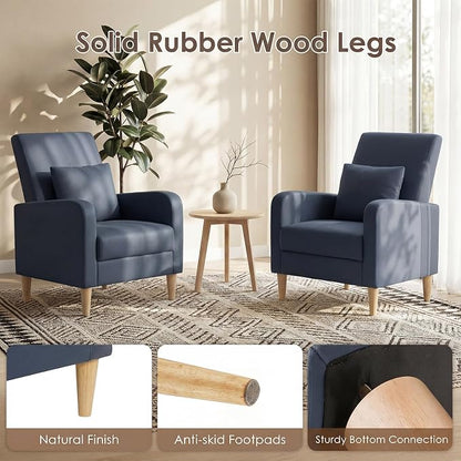 COLAMY Mid-Century Modern Upholstered Accent Chair with Back Pillow & Solid Wood Legs, Leather Cozy Armchair for Living Room, Bedroom, Reading Nook, Apartment & Small Spaces, Blue