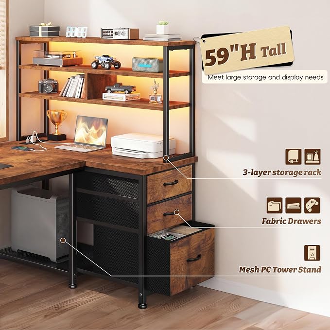55"Computer Desk with Remote Aluminum LED Lights, 3 Fabric Drawers & 3 Shelves, Reversible L Shaped Desk Office Desk with Power Outlet and PC Stand for Gaming Desk, Corner Desk for Bedroom,Dorm, Brown
