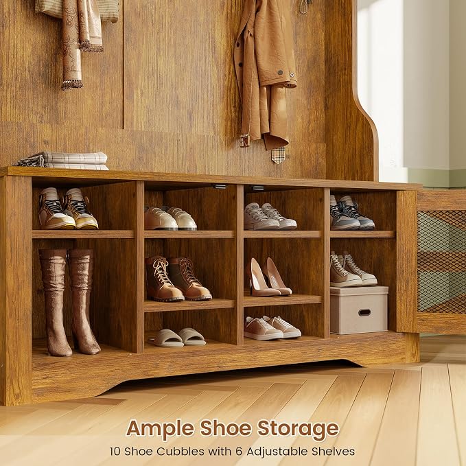 Itaar Hall Tree with Bench and Shoe Storage, 5-in-1 Entryway Bench with Coat Rack, 10 Shoe Cubbies & 9 Coat Hooks, Barn Door & Adjustable Shelf (Rustic Brown)