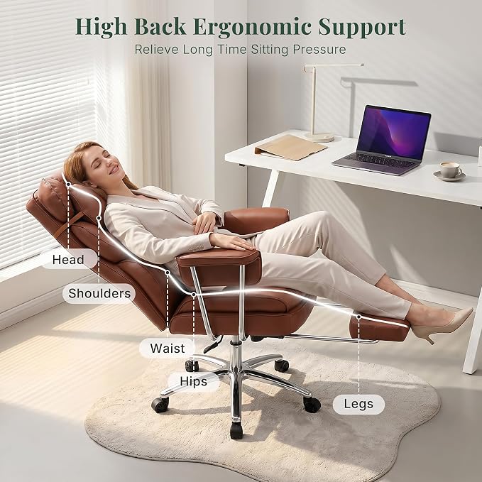 Executive Ergonomic Office Chair, PU Leather High Back Reclining Office Chair with Footrest and Lumbar Support, Height Adjustable Rolling Swivel Computer Chair for Home Office,Brown