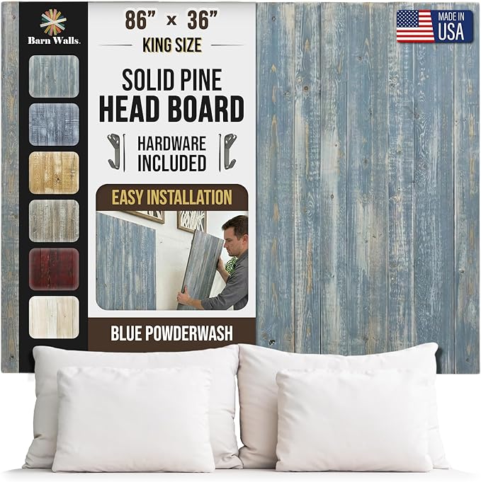 Barn Walls Solid Wood Headboard King Size, Blue Powderwash Finish with Smooth Natural Wood Grain, Handcrafted Wall-Mounted Panel Head Board, Adjustable Height, Modern Farmhouse Bedroom, Built to Last