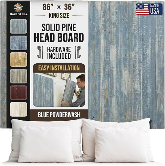 Barn Walls Solid Wood Headboard King Size, Blue Powderwash Finish with Smooth Natural Wood Grain, Handcrafted Wall-Mounted Panel Head Board, Adjustable Height, Modern Farmhouse Bedroom, Built to Last