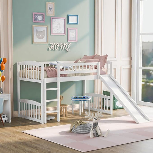 Twin Size Loft Bed, Wood Loft Bed with Slide and Ladder, White