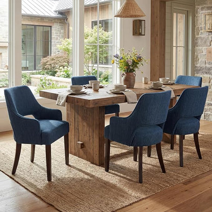 Linen Upholstered Dining Chairs Set of 2 with Arms | Blue linen fabric, breathable upholstery, curved backrest, cushioned seat, solid wood legs, farmhouse style for dining room