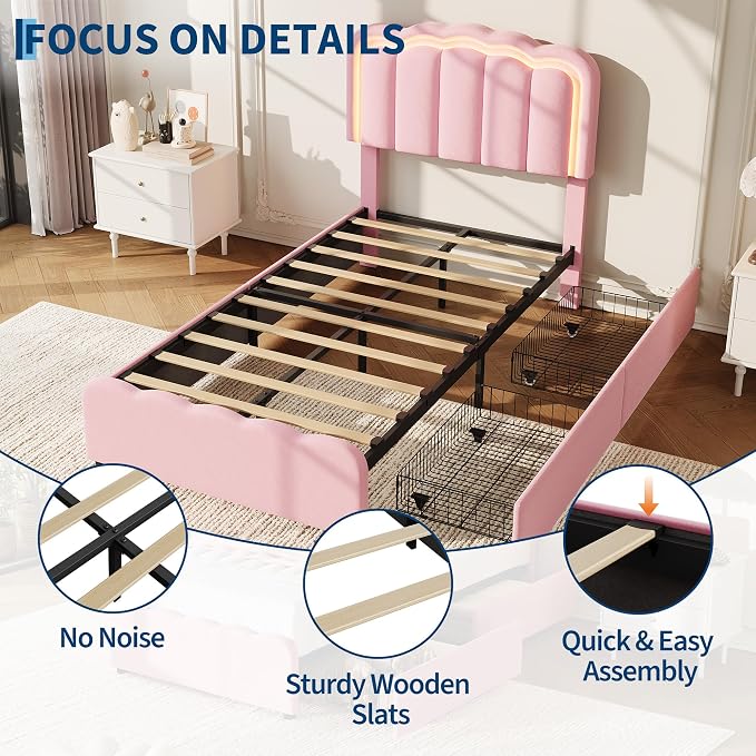 Garvee Twin Size Bed Frame with 2 Storage Drawers and LED Lights, Upholstered Platform Twin Bed with Adjustable Headboard, Wooden Slats Support, No Box Spring Needed, Easy Assembly, Pink