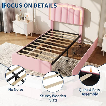 Garvee Twin Size Bed Frame with 2 Storage Drawers and LED Lights, Upholstered Platform Twin Bed with Adjustable Headboard, Wooden Slats Support, No Box Spring Needed, Easy Assembly, Pink