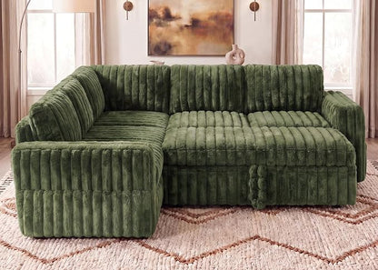 HONBAY Plush Corduroy Modular Sectional Sofa with Pull Out Bed, Convertible L Shaped Couch with Storage,Sleeper Sectional Couches for Living Room,Plush Green