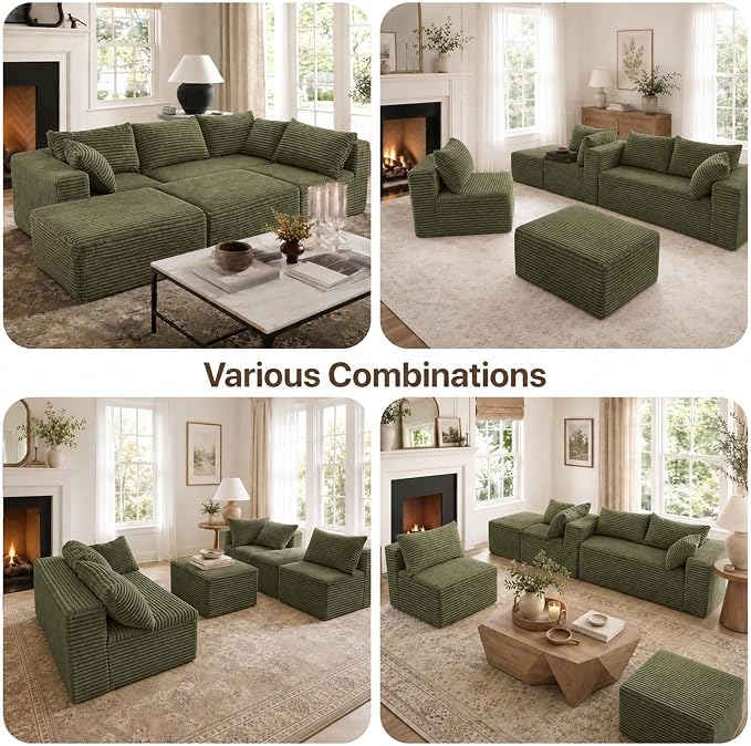 Claiks 120" Boneless Couch, Cloud Couch Sectional, U-Shape Corduroy Modular Sectional Sofa Deep Seat, Upholstered Couches for Living Room, No Assembly Required, Green