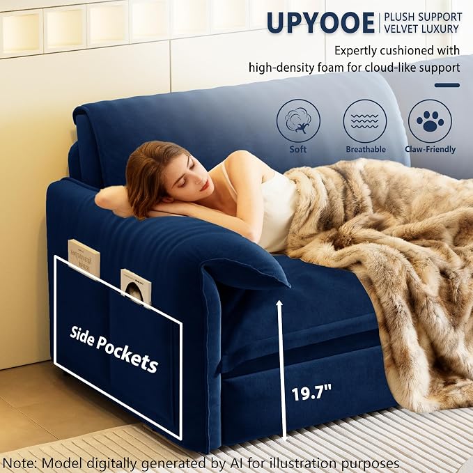 66" Sofa Bed Queen Size, Pull Out Couch Bed, 3-in-1 Convertible Sleeper Sofa with Side Pocket, Modern Velvet Futon Couch for Living Room, Small Space, Apartment, Bedroom, Blue