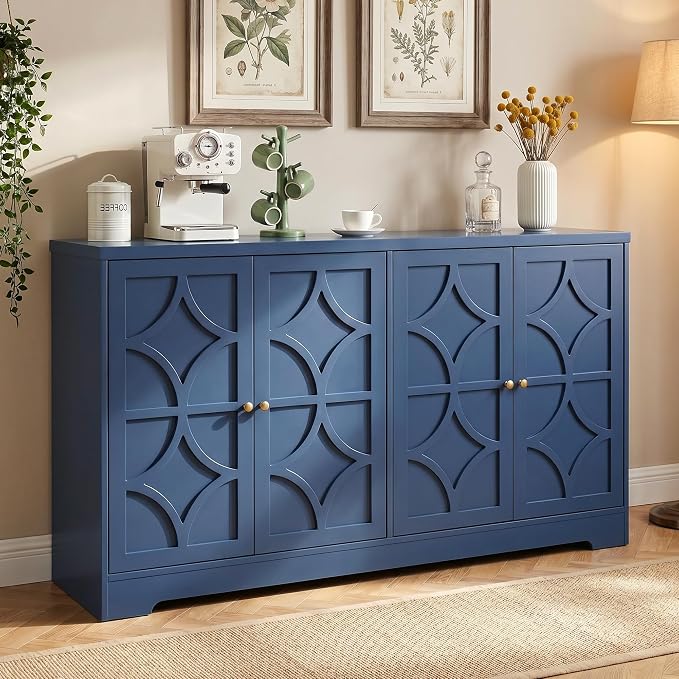 RoyalCraft Sideboard Buffet Cabinet with Storage, 56" Modern Sideboard with 4 Carved Doors, Large Wood Coffee Bar Console Table for Kitchen, Dining Room, Entryway, Living Room, Blue