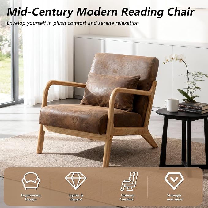 Set of 2 Mid Century Modern Lounge Chair with Wooden Frame & Gold-Embossed Upholstery, Vintage-Inspired Accent Chair with Pillow, Modern Living Room Chair for Stylish Home Interiors