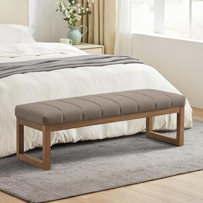 Zihanhome 52.7" Bedroom Bench for End of Bed, Modern Upholstered Teddy Fabric Entryway Bench & Dining Bench, Footrest Stool Bench with Solid Wood Frame for Bedroom, Living Room (Dark Brown)