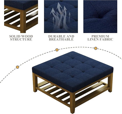 Befurtori Large Square Ottoman Coffee Table, Linen Solid Upholstered Footrest Ottoman with Solid Wood Shelf Storage Tufted Coffee Table for Bedroom Living Room, Navy Blue
